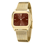 Die LIEBESKIND BERLIN Armbanduhr - Vintage Classic ist eine goldene, quadratische Armbanduhr mit braunem Zifferblatt und Edelstahlmeshband, die 10:08 Uhr zeigt - eine Uhr im Retro-Stil von Liebeskind Berlin.