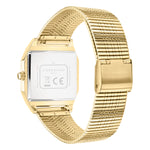 Die LIEBESKIND BERLIN Armbanduhr - Vintage Classic zeichnet sich durch ein goldenes Finish und ein Retro-Design mit einem Edelstahlmeshband aus. Auf der Rückseite sind das Branding und die Produktdetails von Liebeskind Berlin deutlich sichtbar.