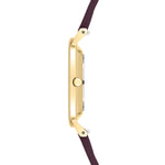 Seitenansicht der LIEBESKIND BERLIN Armbanduhr - The Modern Must-Have von Liebeskind Berlin, mit einem goldenen Edelstahlgehäuse, braunem Lederarmband und einer schlanken Krone im minimalistischen skandinavischen Design.