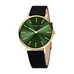 Die LIEBESKIND BERLIN Armbanduhr - The Modern Must-Have von Liebeskind Berlin hat ein goldenes Gehäuse, ein grünes Zifferblatt mit minimalistischen goldenen Markierungen, skandinavisches Design und ein schwarzes Lederband.