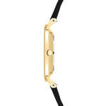 Seitenansicht der LIEBESKIND BERLIN Armbanduhr - The Modern Must-Have von Liebeskind Berlin: goldenes Gehäuse, schwarzes Armband, hochglanzpolierter Edelstahl, runde Krone, und minimalistisches skandinavisches Design.