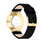 Rückansicht der LIEBESKIND BERLIN Armbanduhr - Das moderne Must-Have mit poliertem Edelstahl, schwarzem Lederband, graviertem Gehäuseboden und Easy-Change-System für schnellen Bandwechsel.