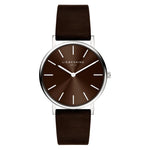 Die LIEBESKIND BERLIN Armbanduhr - The Modern Must-Have ist eine minimalistische braune Uhr mit braunem Lederband, silbernen Indexen und Edelstahlgehäuse von Liebeskind Berlin.