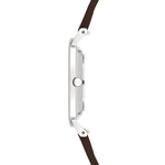 Seitenansicht der LIEBESKIND BERLIN Armbanduhr - The Modern Must-Have von Liebeskind Berlin, mit silbernem Gehäuse und braunem Lederarmband im minimalistischen skandinavischen Design auf weißem Grund.