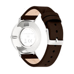 Rückansicht der LIEBESKIND BERLIN Armbanduhr - The Modern Must-Have von Liebeskind Berlin in Silber, mit dunkelbraunem Lederband und minimalistischem skandinavischem Design.