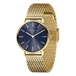 Die LIEBESKIND BERLIN Armbanduhr - The Colorful Minimalist hat ein blaues Zifferblatt mit goldenen Indexen und ein goldenes Edelstahl-Meshband von Liebeskind Berlin.