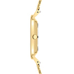 Seitenansicht der LIEBESKIND BERLIN Armbanduhr - The Colorful Minimalist von Liebeskind Berlin, eine dünne goldene Armbanduhr mit rundem Gehäuse, minimalistischem Design und einem eleganten Edelstahl-Meshband.