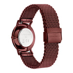 Rückansicht der LIEBESKIND BERLIN Armbanduhr - The Everyday Must-Have, mit kastanienbraunem Mesh-Band und Schließe mit eingraviertem Liebeskind Berlin in minimalistischem skandinavischem Design.