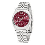 Die LIEBESKIND BERLIN Armbanduhr - The Colorful Multifunction von Liebeskind Berlin verfügt über ein silbernes Gehäuse, ein rotes Zifferblatt mit römischen Ziffern XII, Hilfszifferblätter und ein elegantes Edelstahlarmband - perfekt für jeden Anlass.