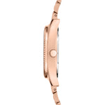 Seitenansicht der roségoldenen LIEBESKIND BERLIN Armbanduhr - The Multifunction von Liebeskind Berlin mit Lünette, Krone und elegantem Edelstahlband - ein ideales Multifunktions-Accessoire für Frauen.
