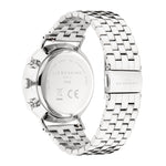 Rückansicht der LIEBESKIND BERLIN Armbanduhr - Modern Chronograph von Liebeskind Berlin mit gravierten Details und einem eleganten Edelstahlarmband, das für zeitlosen Stil steht.