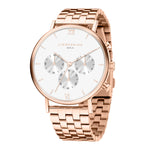 Die LIEBESKIND BERLIN Armbanduhr - Modern Chronograph von Liebeskind Berlin verfügt über ein roségoldenes Finish, ein weißes Zifferblatt mit drei Hilfszifferblättern und ein Edelstahlarmband für einen eleganten, modernen Look.