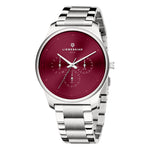 Die LIEBESKIND BERLIN Armbanduhr - Classic x Trends hat ein silbernes Metalldesign, ein rotes Zifferblatt mit drei Hilfszifferblättern, das Liebeskind Berlin-Logo und einen Hauch von skandinavischem Stil.