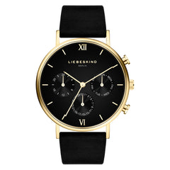 Die LIEBESKIND BERLIN Armbanduhr - Leather Signature Chrono von Liebeskind Berlin besticht durch ein stilvolles schwarz-goldenes Design mit drei Hilfszifferblättern und einem eleganten schwarzen Lederarmband.