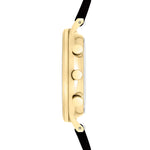 Seitenansicht der LIEBESKIND BERLIN Armbanduhr - Leather Signature Chrono, mit einem goldenen Gehäuse, schwarzem Lederarmband und zwei Druckknöpfen für diesen eleganten Multifunktions-Zeitmesser von Liebeskind Berlin.