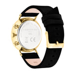 Rückansicht der LIEBESKIND BERLIN Armbanduhr - Leather Signature Chrono von Liebeskind Berlin mit goldenem Gehäuse, schwarzem Lederband und graviertem Edelstahlboden.