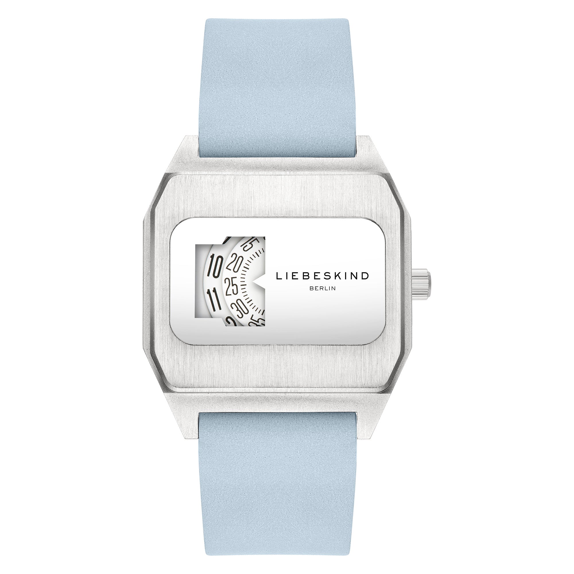 Die LIEBESKIND BERLIN Armbanduhr - Jump Hour von Liebeskind Berlin ist eine quadratische, silberne Uhr mit blauem Armband und einzigartigem, drehbarem, nummeriertem Zifferblatt, inspiriert vom authentischen Stil der 70er Jahre.