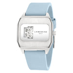 Die LIEBESKIND BERLIN Armbanduhr - Jump Hour von Liebeskind Berlin hat ein silbernes Gehäuse, ein hellblaues Band und ein drehbares Ziffernblatt, inspiriert vom Stil der 70er Jahre.