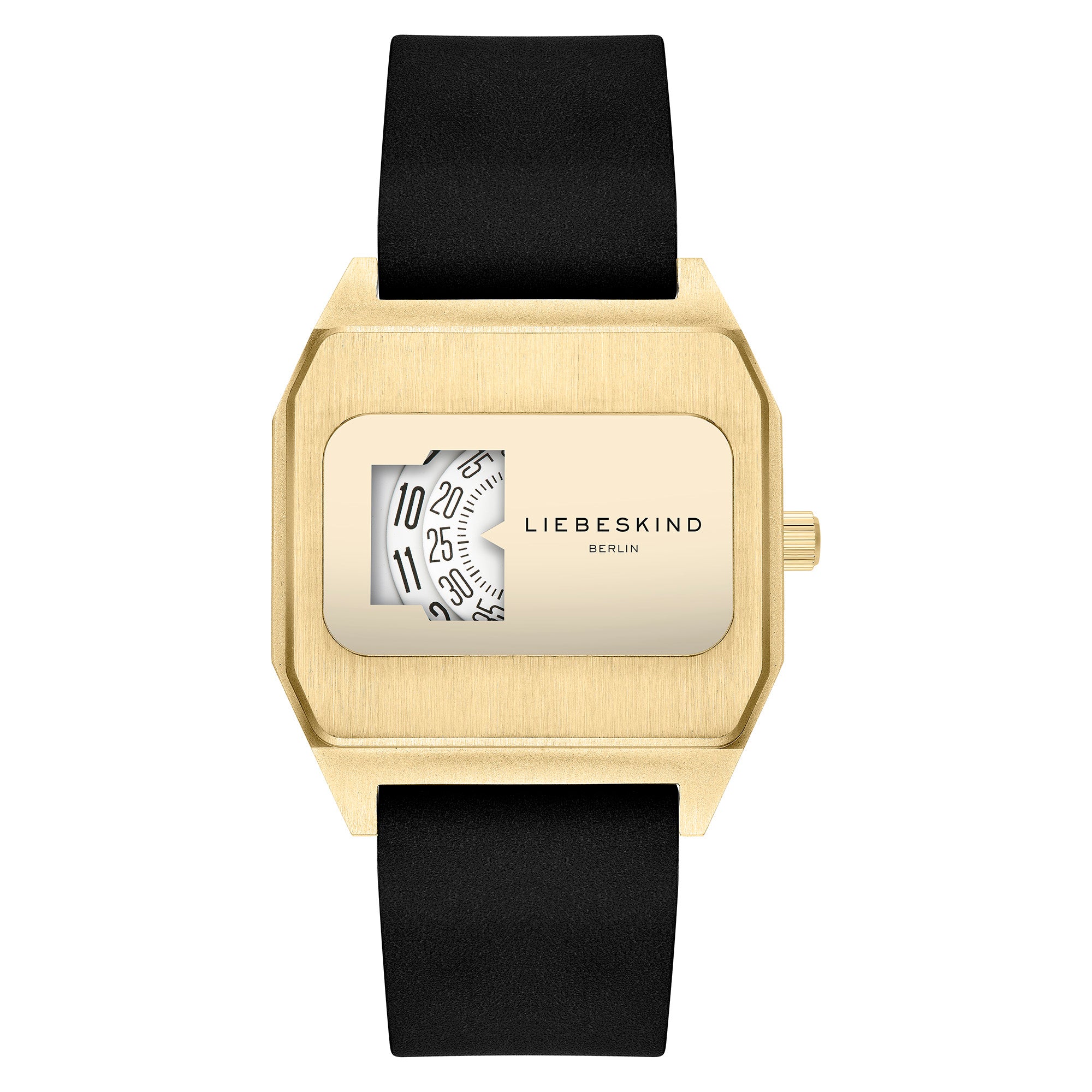 Die LIEBESKIND BERLIN Armbanduhr - Jump Hour von Liebeskind Berlin verfügt über ein rechteckiges, goldenes Gehäuse, ein schwarzes Armband und eine einzigartige, rollende Zahlenanzeige im Stil der 70er Jahre.