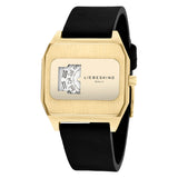 Die LIEBESKIND BERLIN Armbanduhr Jump Hour im 70er-Jahre-Stil überzeugt mit goldenem Gehäuse, schwarzem Band und rotierendem, nummeriertem Zifferblatt - ein stilvolles Accessoire von Liebeskind Berlin.