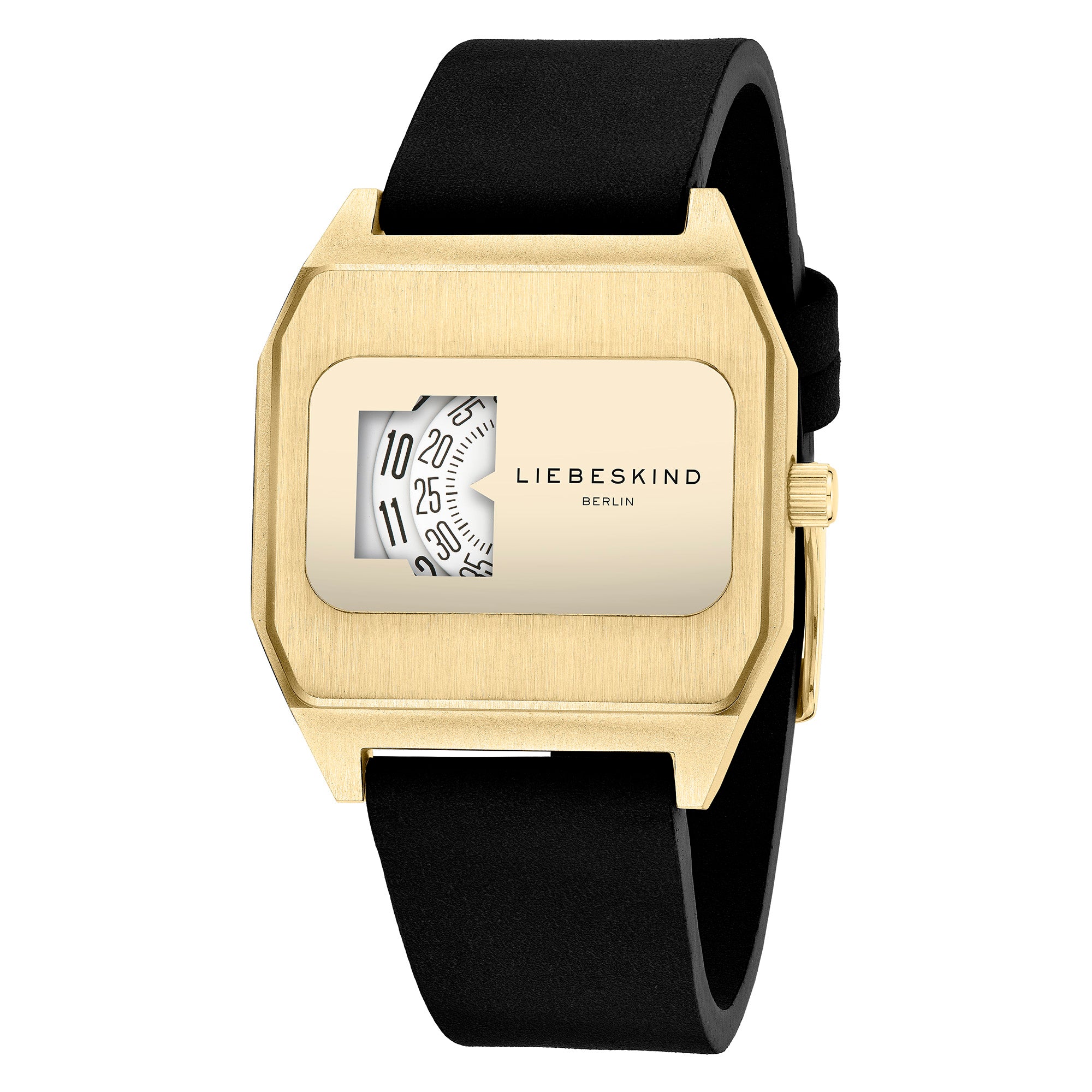 Die LIEBESKIND BERLIN Armbanduhr Jump Hour im 70er-Jahre-Stil überzeugt mit goldenem Gehäuse, schwarzem Band und rotierendem, nummeriertem Zifferblatt - ein stilvolles Accessoire von Liebeskind Berlin.