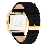 Rückansicht der LIEBESKIND BERLIN Armbanduhr - Jump Hour mit schwarzem Armband und goldfarbener Schließe mit Liebeskind Berlin Logo - ideal für Fans des 70er Jahre Stils.
