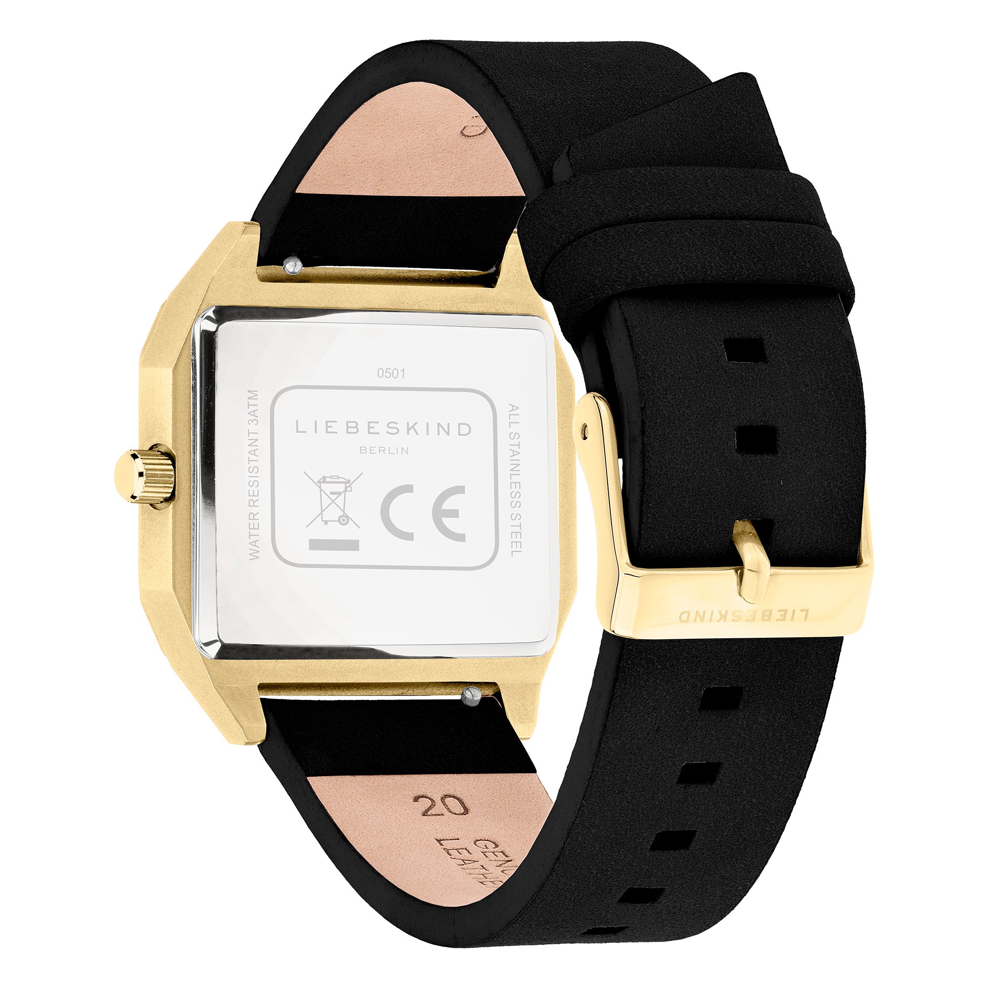 Rückansicht der LIEBESKIND BERLIN Armbanduhr - Jump Hour mit schwarzem Armband und goldfarbener Schließe mit Liebeskind Berlin Logo - ideal für Fans des 70er Jahre Stils.