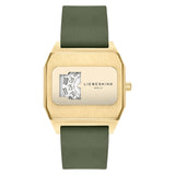 Die LIEBESKIND BERLIN Armbanduhr - Jump Hour verbindet 70er-Jahre-Flair mit modernem Design. Sie verfügt über ein quadratisches, goldenes Gehäuse, ein olivgrünes Armband und ein einzigartiges Zifferblatt mit Seitenansicht, das die Zahlen durch ein Fenster zeigt.