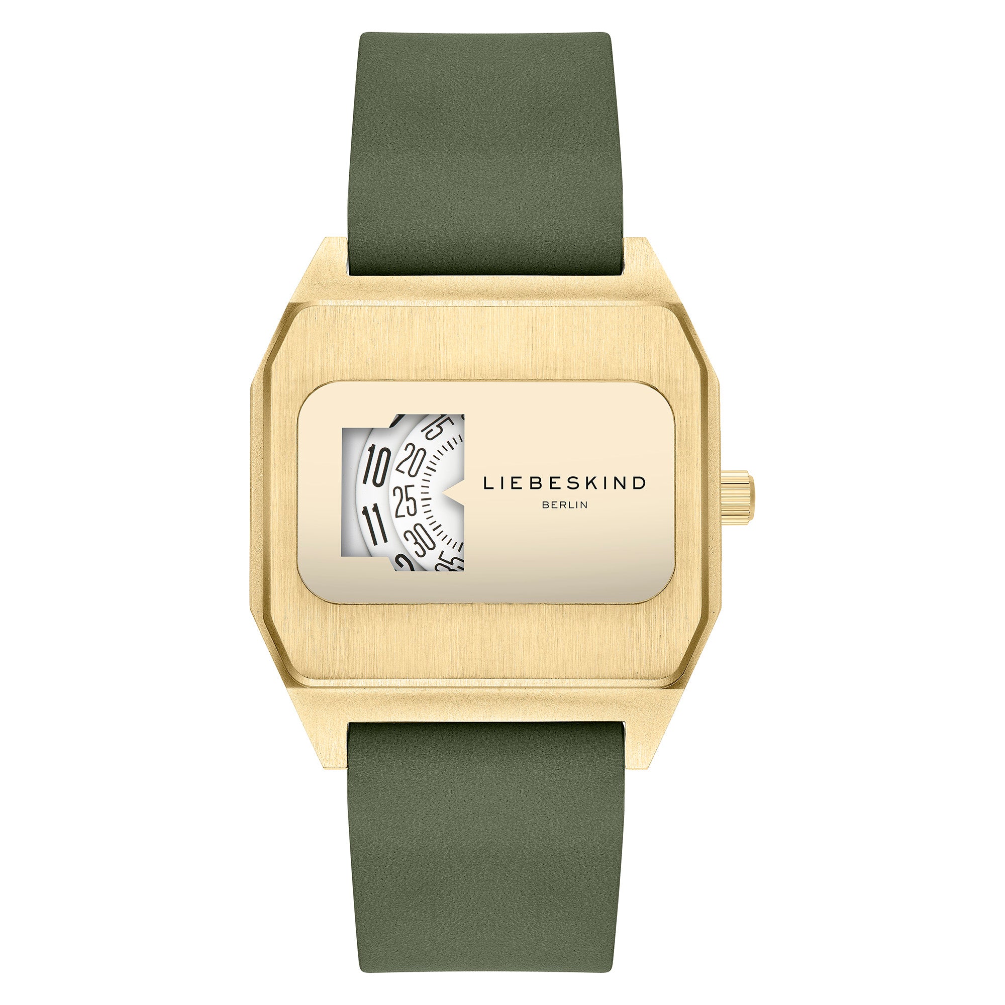 Die LIEBESKIND BERLIN Armbanduhr - Jump Hour verbindet 70er-Jahre-Flair mit modernem Design. Sie verfügt über ein quadratisches, goldenes Gehäuse, ein olivgrünes Armband und ein einzigartiges Zifferblatt mit Seitenansicht, das die Zahlen durch ein Fenster zeigt.