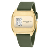 Die Liebeskind Berlin Armbanduhr - Jump Hour hat ein goldenes, rechteckiges Gehäuse, ein grünes Armband und ein einzigartiges, drehbares Zifferblatt, das vom klassischen Uhrendesign der 70er Jahre inspiriert ist.