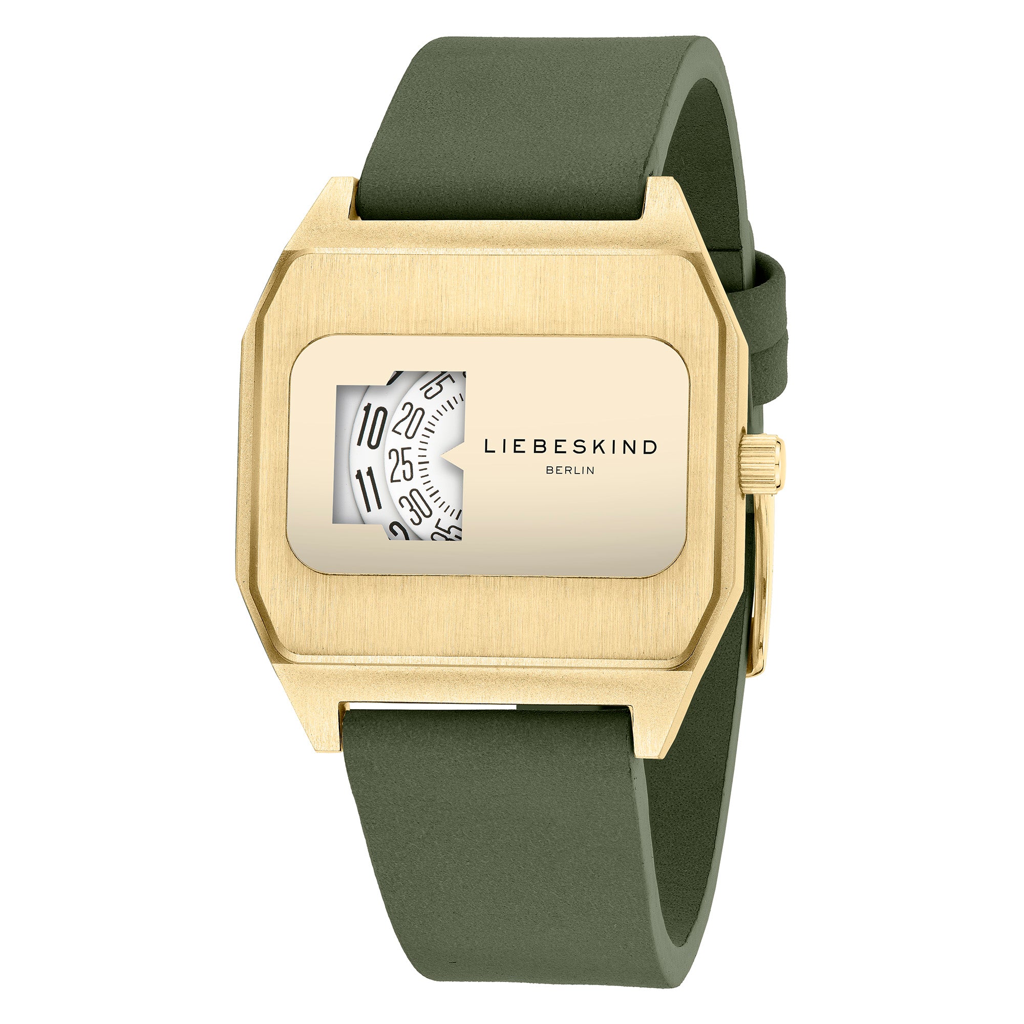 Die Liebeskind Berlin Armbanduhr - Jump Hour hat ein goldenes, rechteckiges Gehäuse, ein grünes Armband und ein einzigartiges, drehbares Zifferblatt, das vom klassischen Uhrendesign der 70er Jahre inspiriert ist.