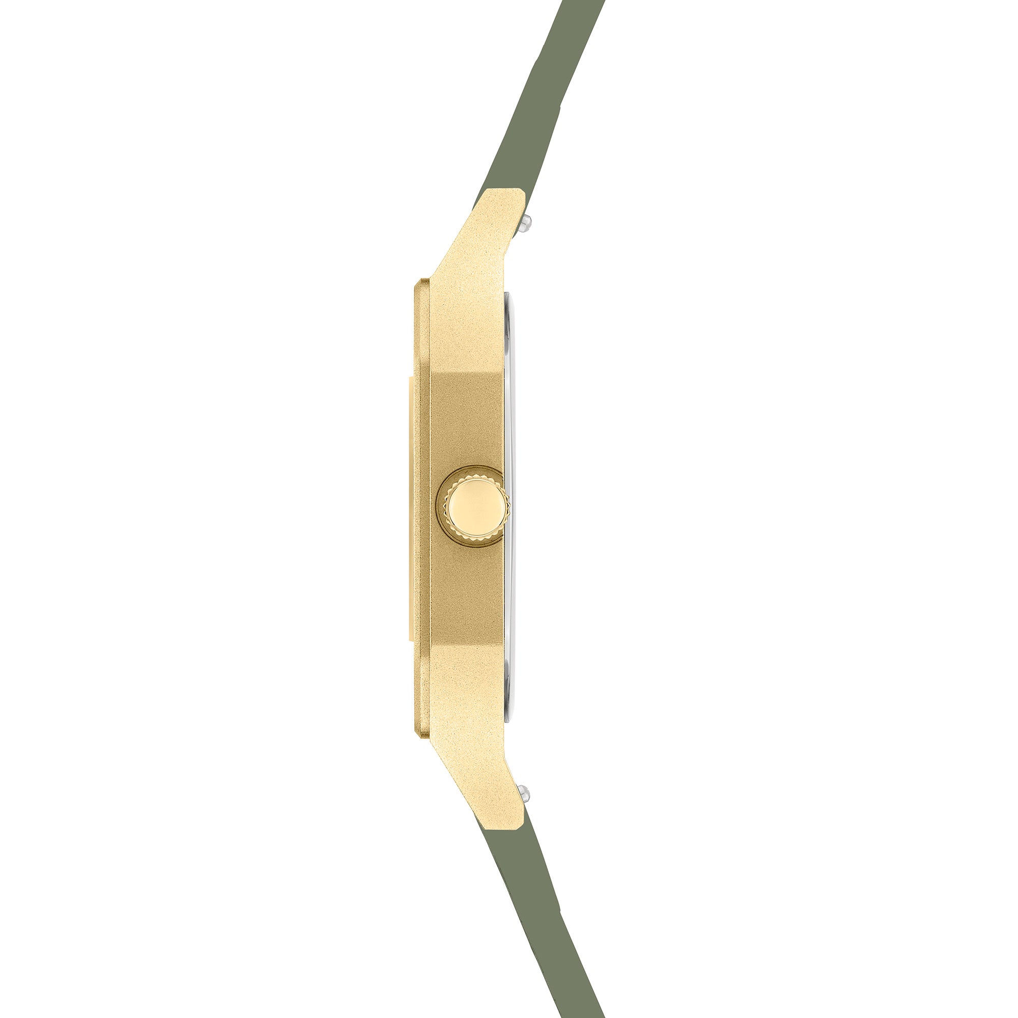 Seitenansicht der LIEBESKIND BERLIN Armbanduhr - Jump Hour von Liebeskind Berlin mit goldenem Gehäuse, olivgrünem Armband, runder Krone und verspiegeltem Zifferblatt, inspiriert von klassischen Uhrendesigns der 1970er Jahre.
