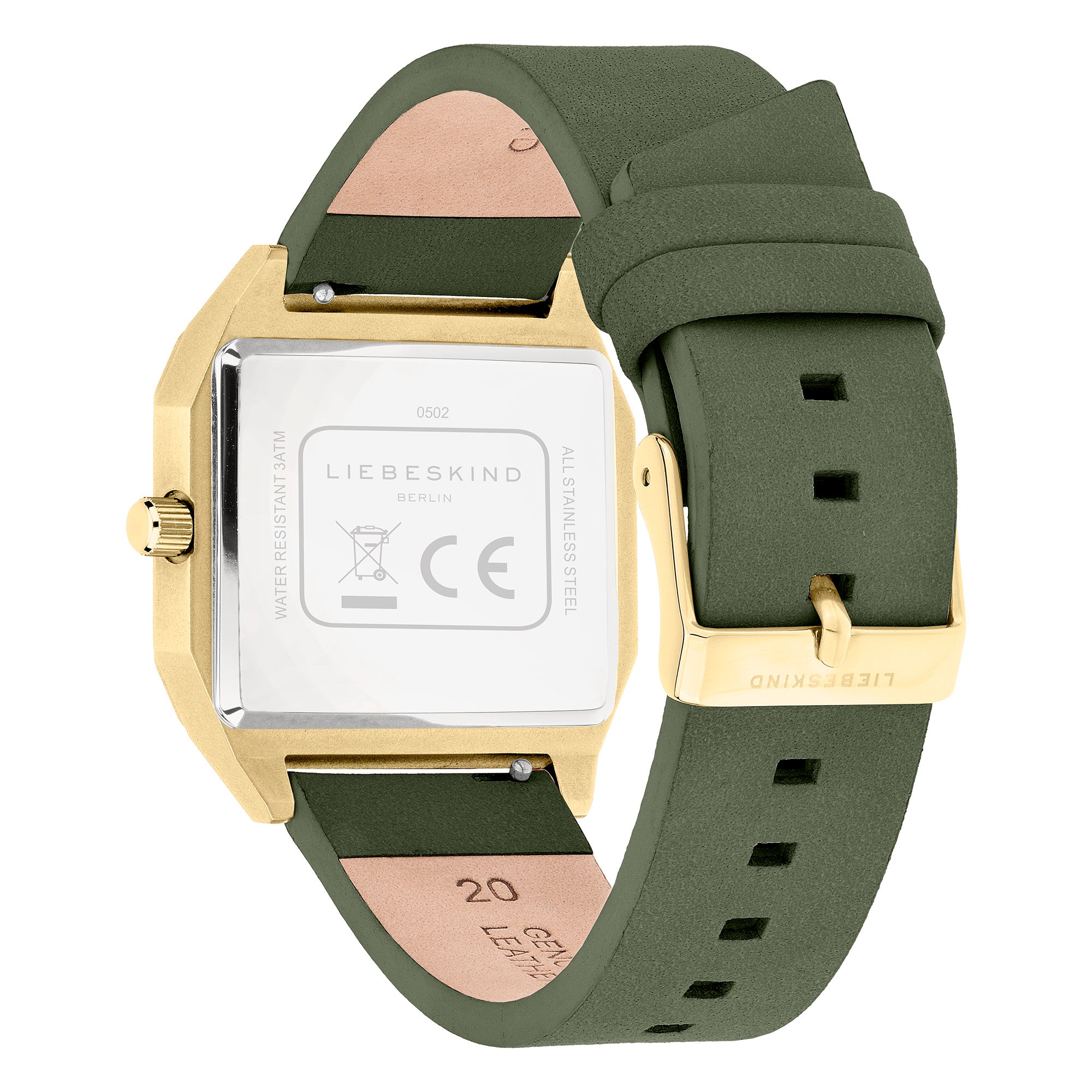 Rückansicht der LIEBESKIND BERLIN Armbanduhr - Jump Hour von Liebeskind Berlin mit quadratischem Gehäuse in Gold und Grün, Lederarmband, graviertem Gehäuseboden und dezentem, von den 70er Jahren inspiriertem Design.