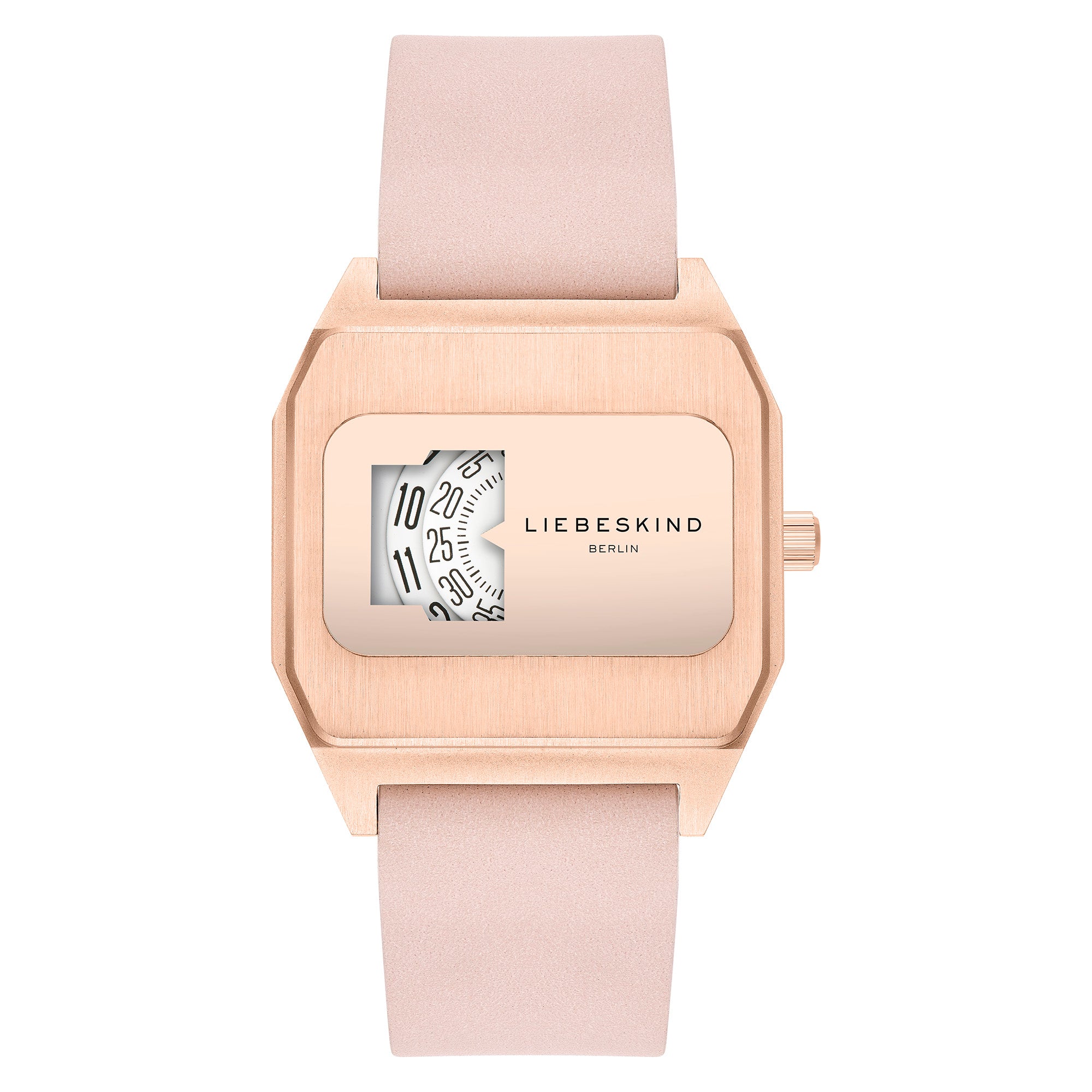 Die LIEBESKIND BERLIN Armbanduhr - Jump Hour von Liebeskind Berlin verfügt über ein quadratisches Gehäuse aus Roségold, ein rosafarbenes Armband und eine drehbare Ziffernanzeige im 70er-Jahre-Retro-Look, die Ihrem Stil Vintage-Charme verleiht.
