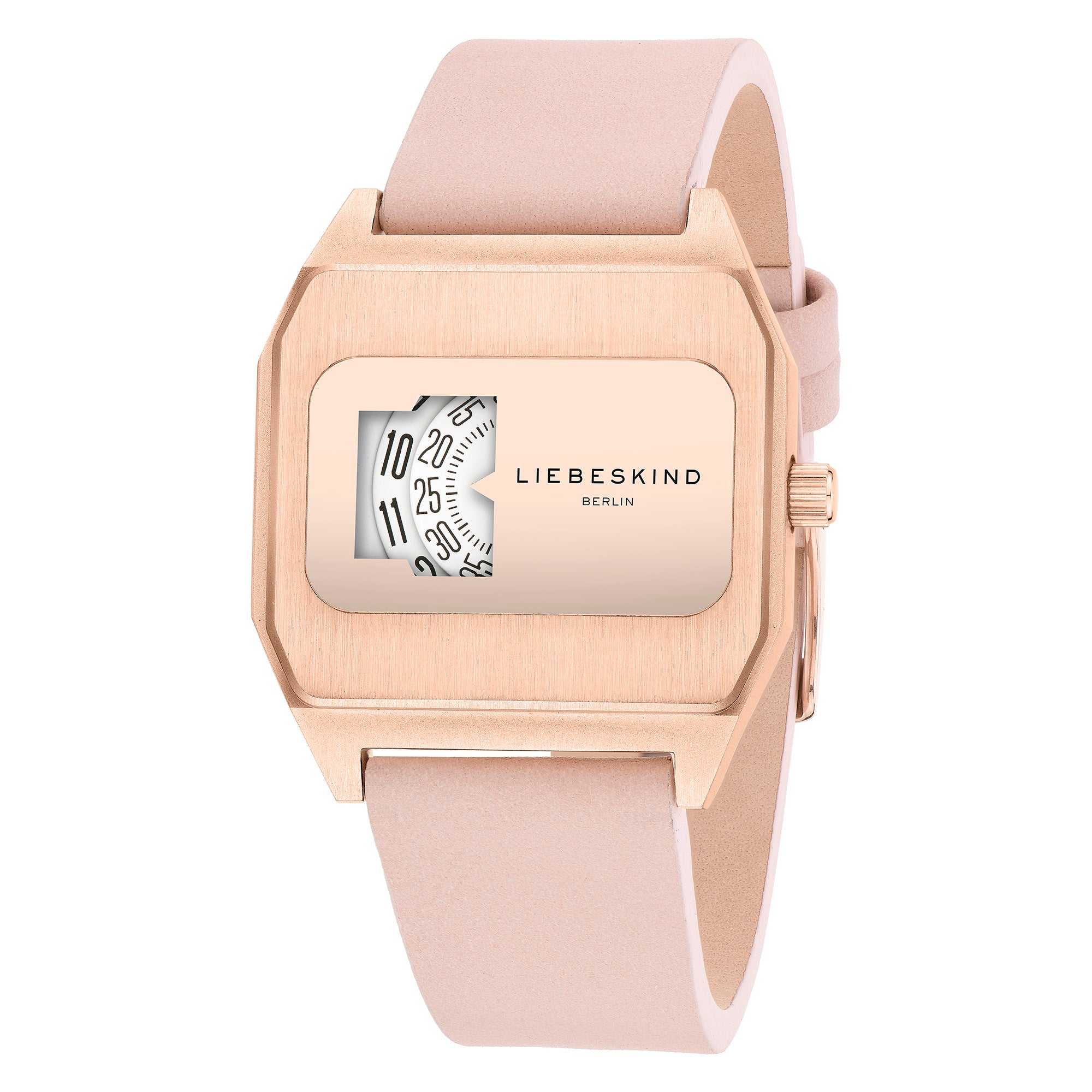 Die LIEBESKIND BERLIN Armbanduhr - Jump Hour von Liebeskind Berlin hat ein roségoldenes Gehäuse, ein rosafarbenes Lederarmband und ein drehbares Zifferblatt, das von eleganten Vintage-Uhren der 70er Jahre inspiriert ist.