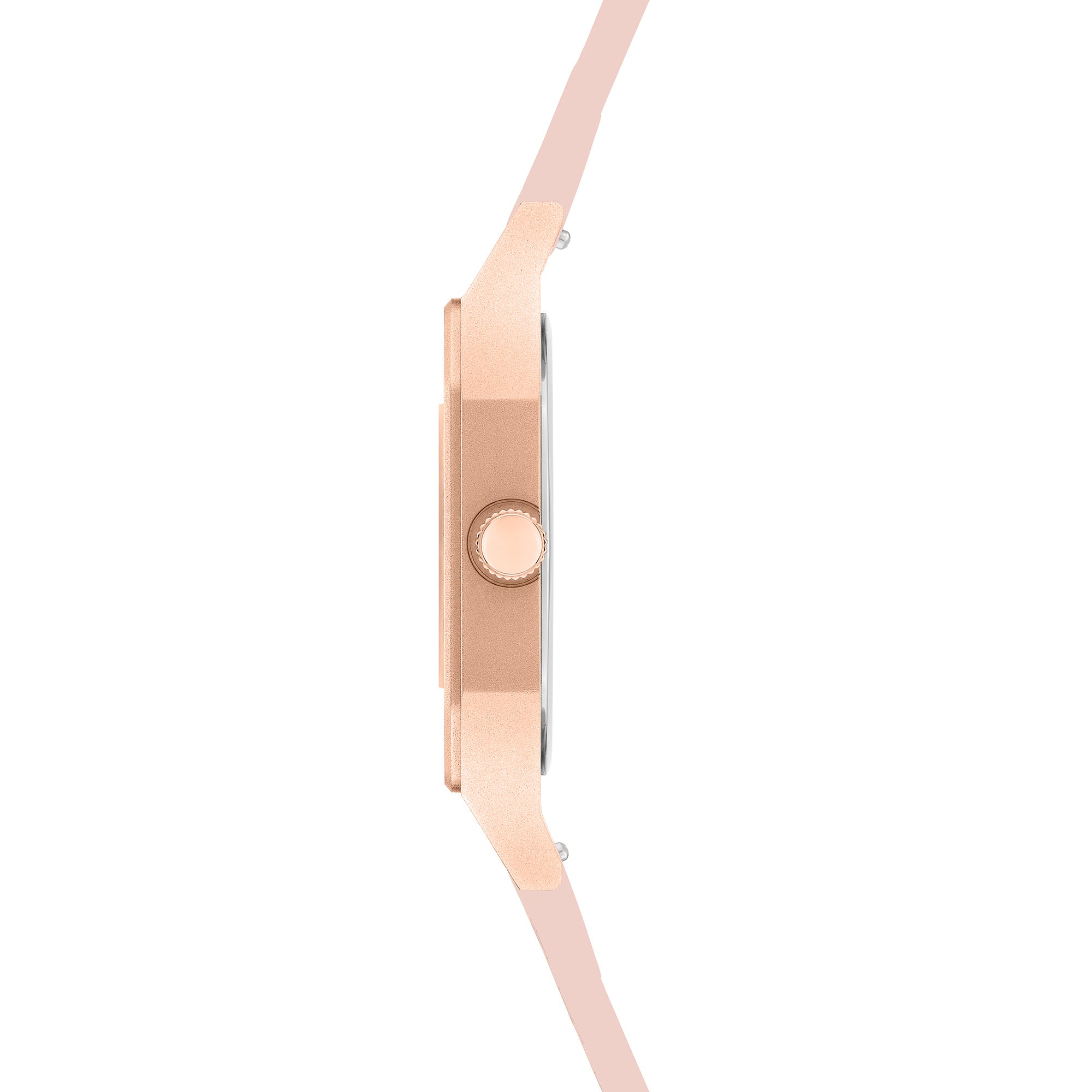 Seitenansicht einer roségoldenen Liebeskind Berlin Armbanduhr Jump Hour mit runder Krone und passendem Armband, dargestellt auf weißem Hintergrund.