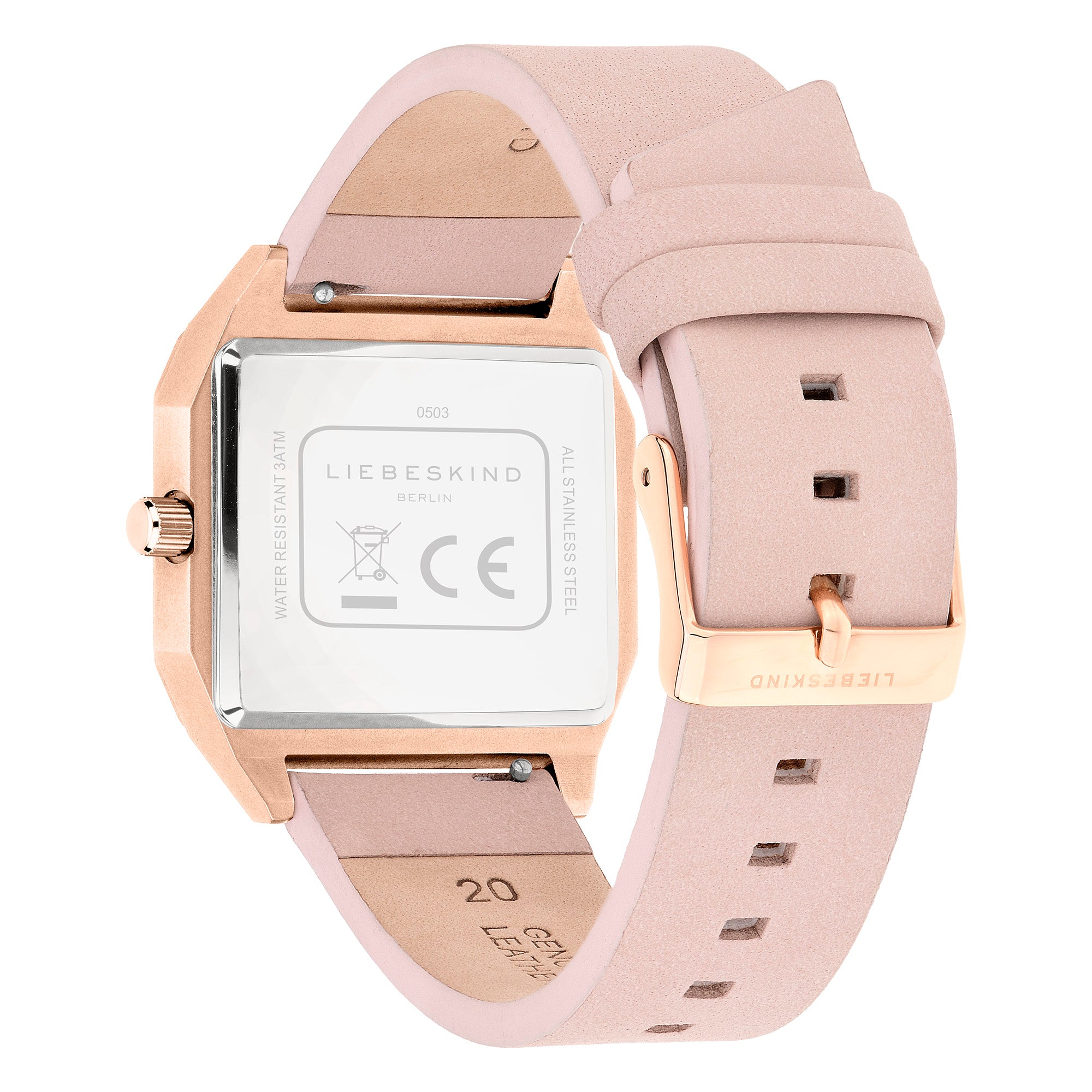 Rückansicht der roségoldenen LIEBESKIND BERLIN Armbanduhr - Jump Hour mit rosafarbenem Lederband und graviertem Gehäuse, die modernen Stil mit dezentem 70er-Jahre-Vintage-Charme verbindet.