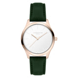 Die LIEBESKIND BERLIN Armbanduhr Round Staple Leather überzeugt mit weißem Zifferblatt, roségoldenem Gehäuse und dunkelgrünem Lederarmband im modernen Design von Liebeskind Berlin.