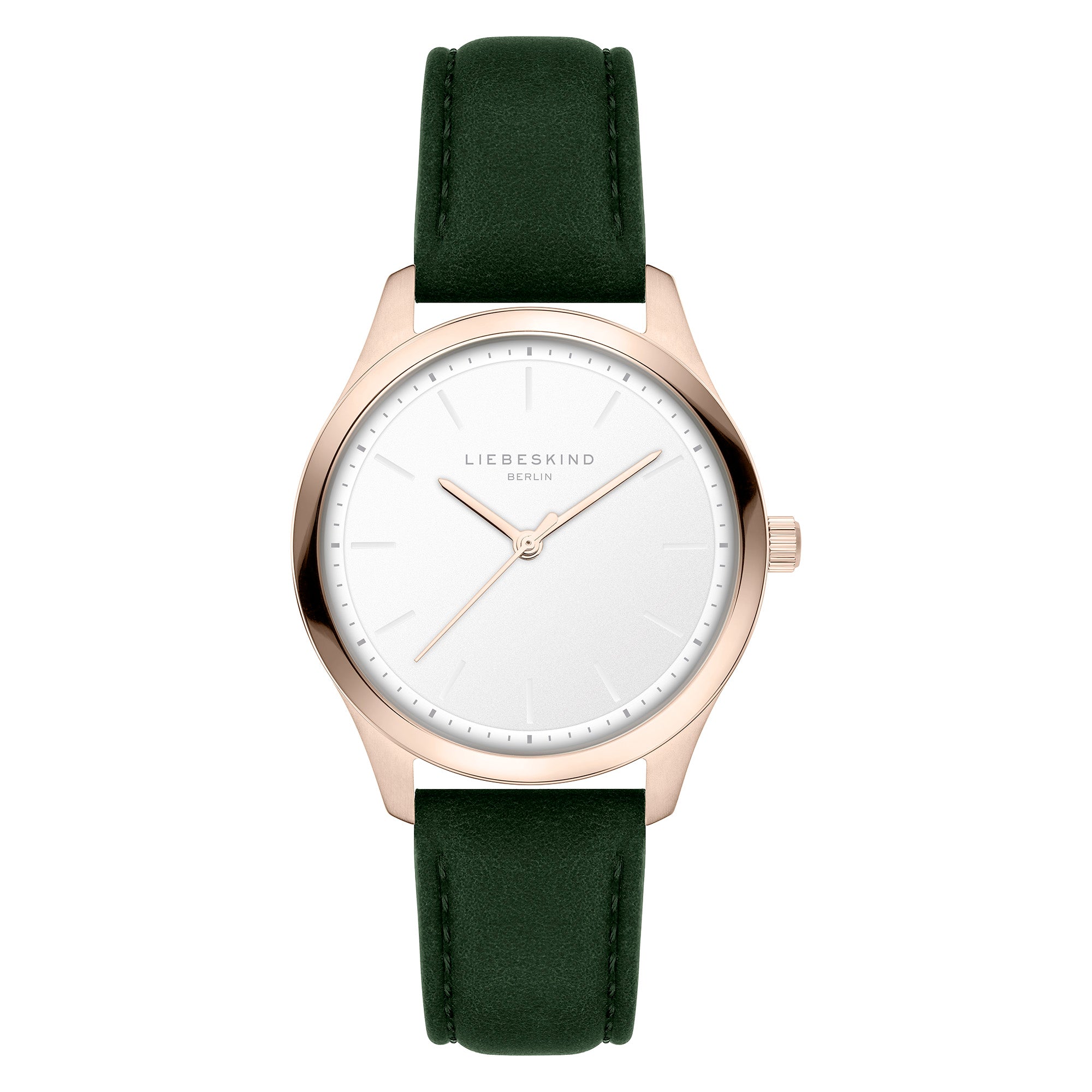 Die LIEBESKIND BERLIN Armbanduhr Round Staple Leather überzeugt mit weißem Zifferblatt, roségoldenem Gehäuse und dunkelgrünem Lederarmband im modernen Design von Liebeskind Berlin.