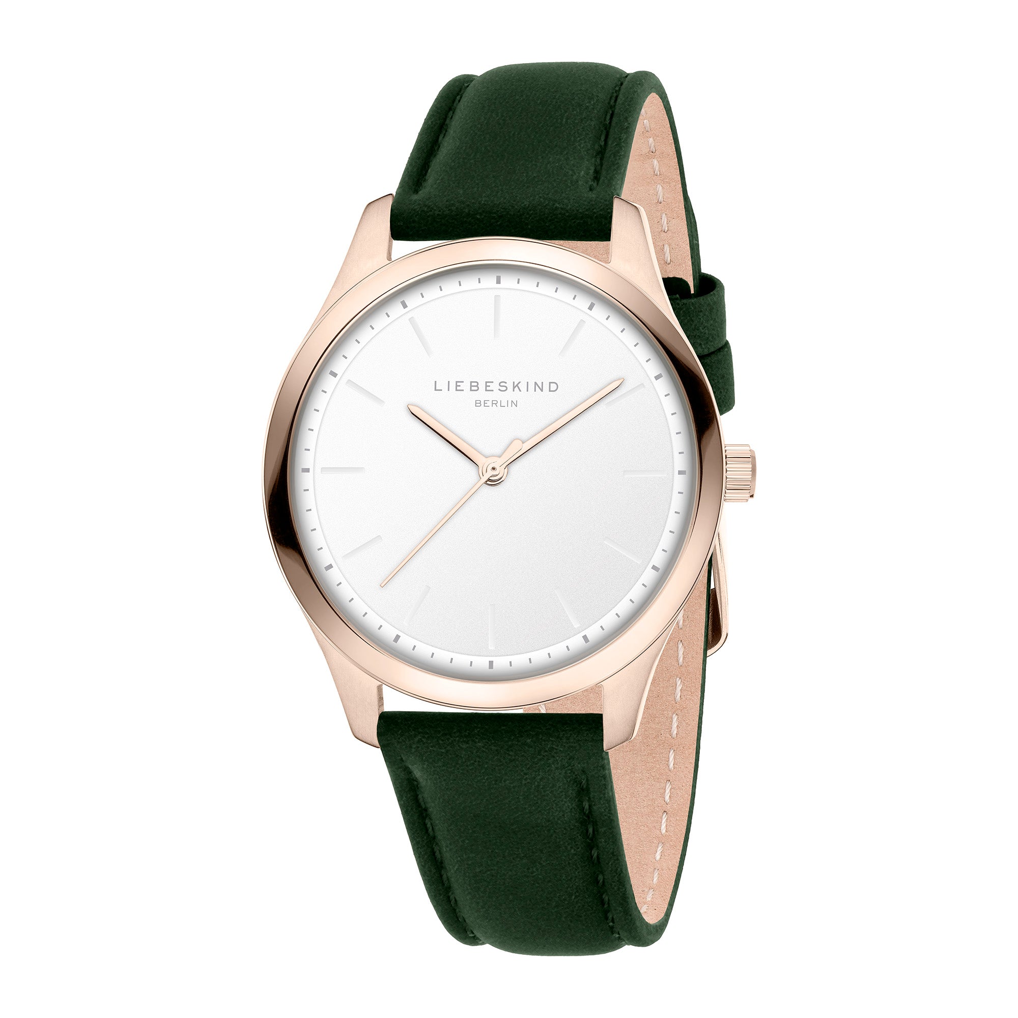 Minimalistische Liebeskind Berlin Armbanduhr "Round Staple Leather" mit weißem Zifferblatt, goldenem Gehäuse und dunkelgrünem Lederarmband - inspiriert vom modernen Design.