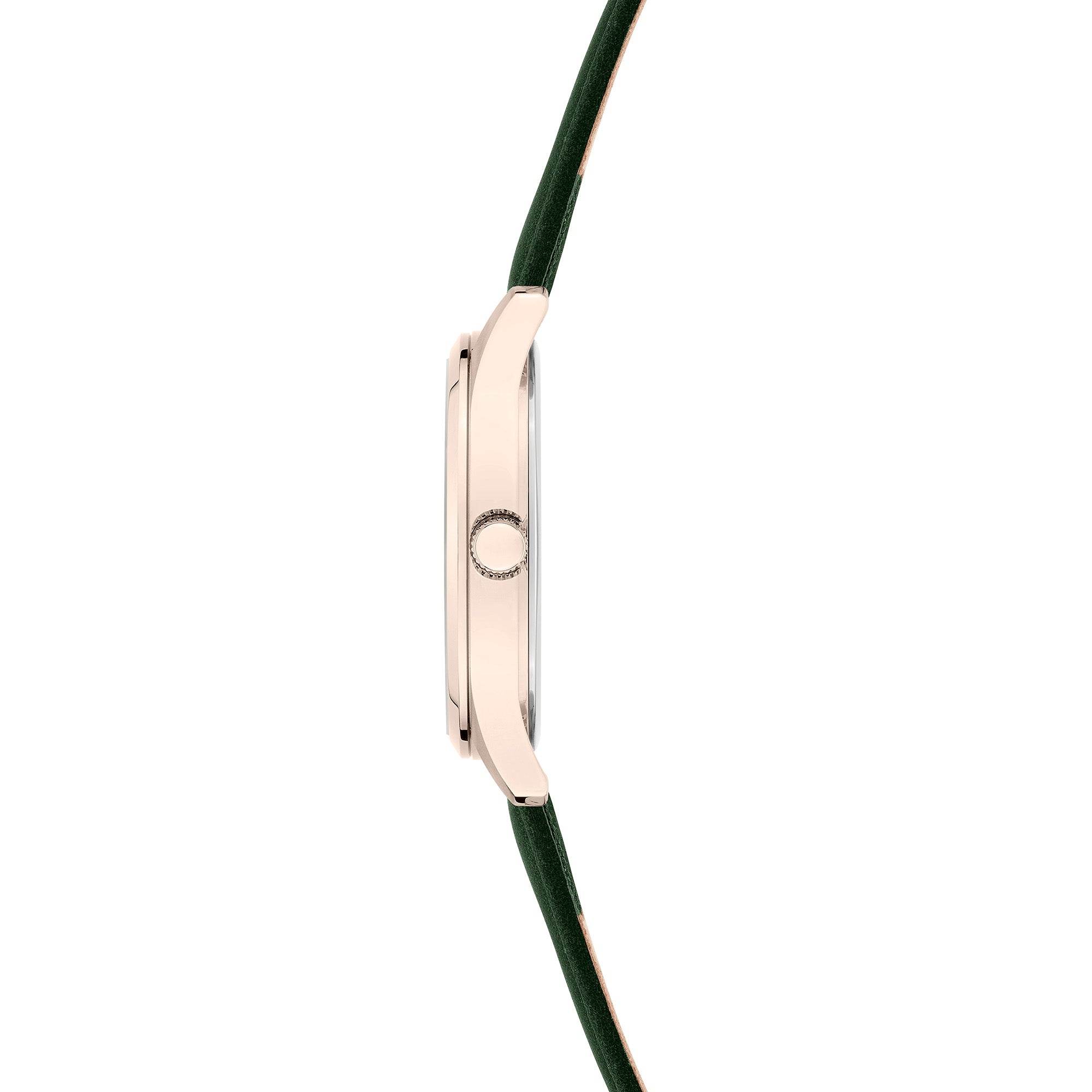 Seitenansicht der LIEBESKIND BERLIN Armbanduhr - Round Staple Leather: Diese Liebeskind Berlin Uhr besticht mit einem grünen Lederarmband und einem runden, goldfarbenen Gehäuse.