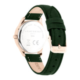 Rückansicht der LIEBESKIND BERLIN Armbanduhr - Round Staple Leather von Liebeskind Berlin mit grünem Lederband, roségoldener Schließe und modernem Design.