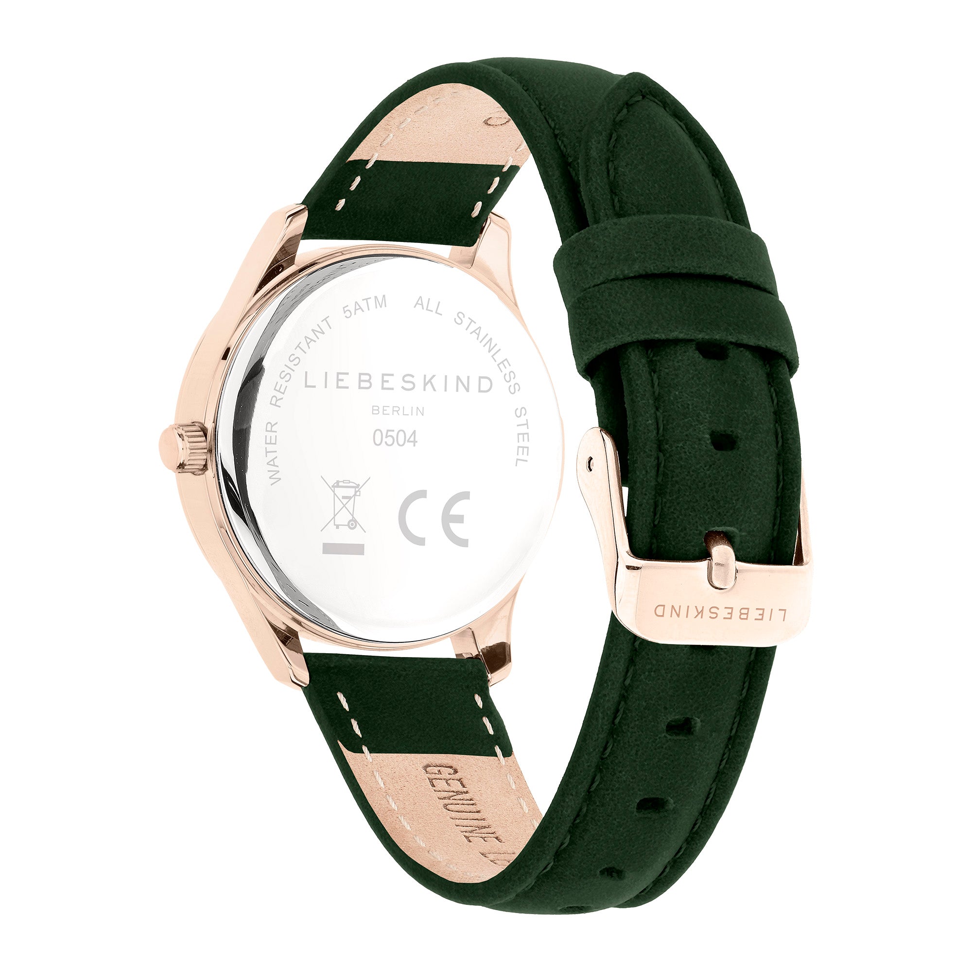 Rückansicht der LIEBESKIND BERLIN Armbanduhr - Round Staple Leather von Liebeskind Berlin mit grünem Lederband, roségoldener Schließe und modernem Design.