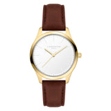 Goldene Uhr mit weißem Zifferblatt und braunem Lederarmband, das 10:10 anzeigt - das zeitlose Design der LIEBESKIND BERLIN Armbanduhr Round Staple Leather unterstreicht elegante Damen-Styles.
