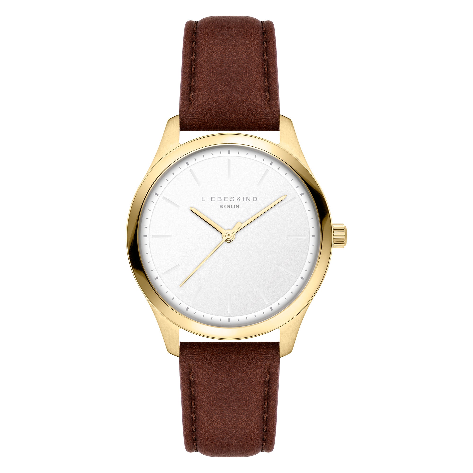 Goldene Uhr mit weißem Zifferblatt und braunem Lederarmband, das 10:10 anzeigt - das zeitlose Design der LIEBESKIND BERLIN Armbanduhr Round Staple Leather unterstreicht elegante Damen-Styles.