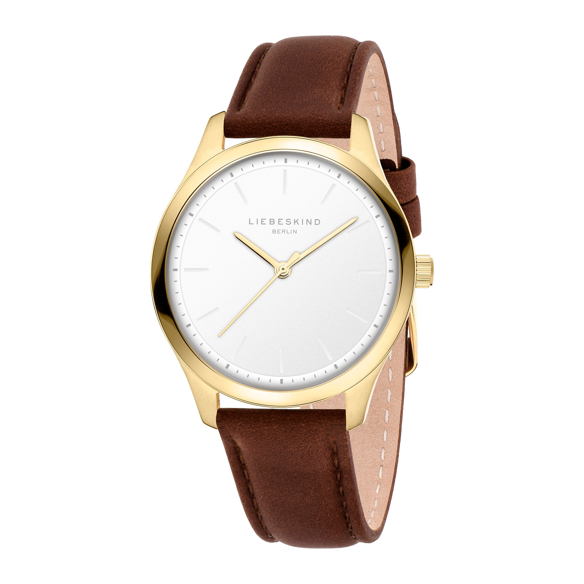 Die LIEBESKIND BERLIN Armbanduhr - Round Staple Leather hat ein goldenes Gehäuse, ein weißes Ziffernblatt und ein braunes Armband; diese Liebeskind Berlin Uhr bietet zeitloses Design, das zu jedem Anlass passt.