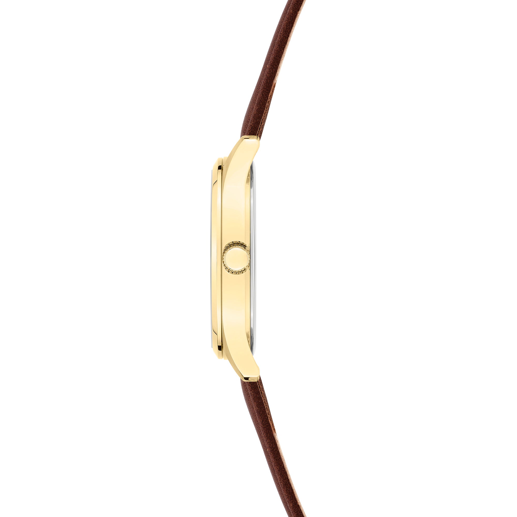 Seitenansicht einer goldenen Liebeskind Berlin Armbanduhr - Round Staple Leather mit braunem Lederband, runder Krone und zeitlosem Design.