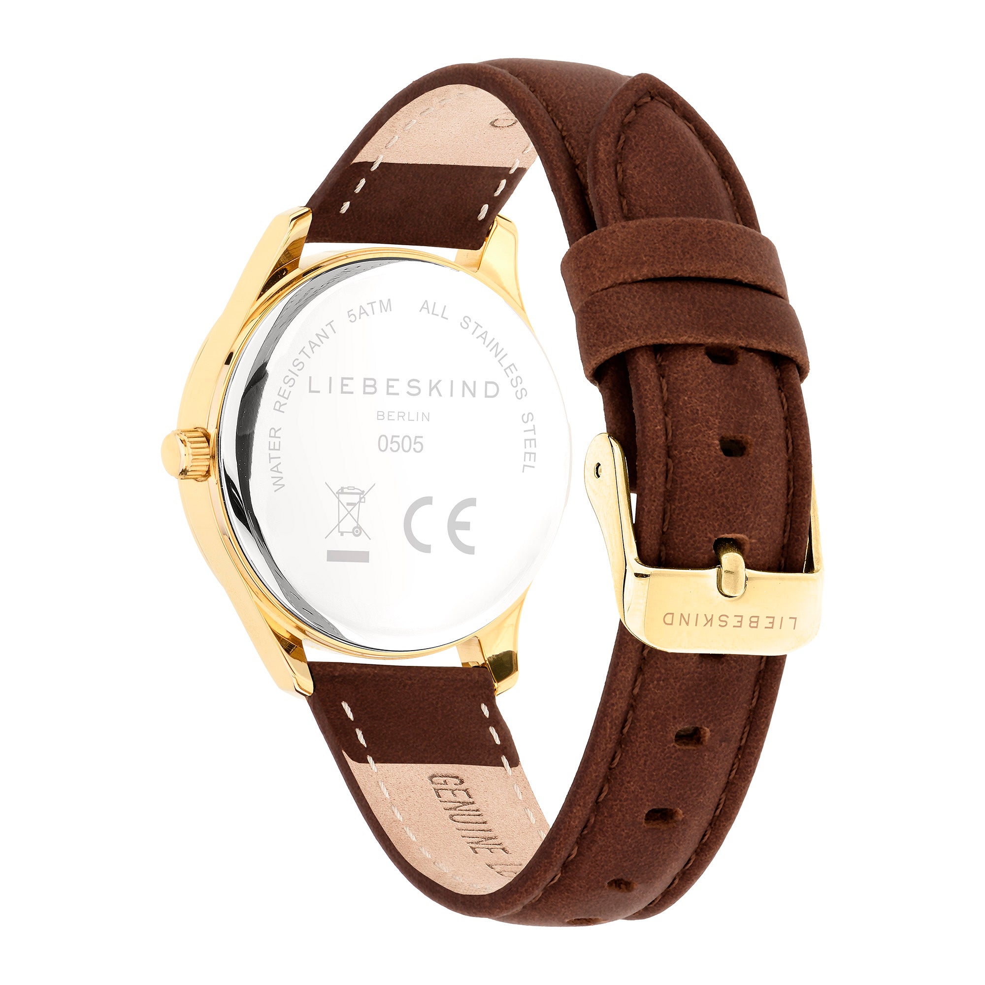 Die Liebeskind Berlin Round Staple Lederarmbanduhr verfügt über ein goldenes und rostfreies Stahlgehäuse mit einem braunen Lederarmband und bietet ein zeitloses Design für den eleganten Alltagsgebrauch.