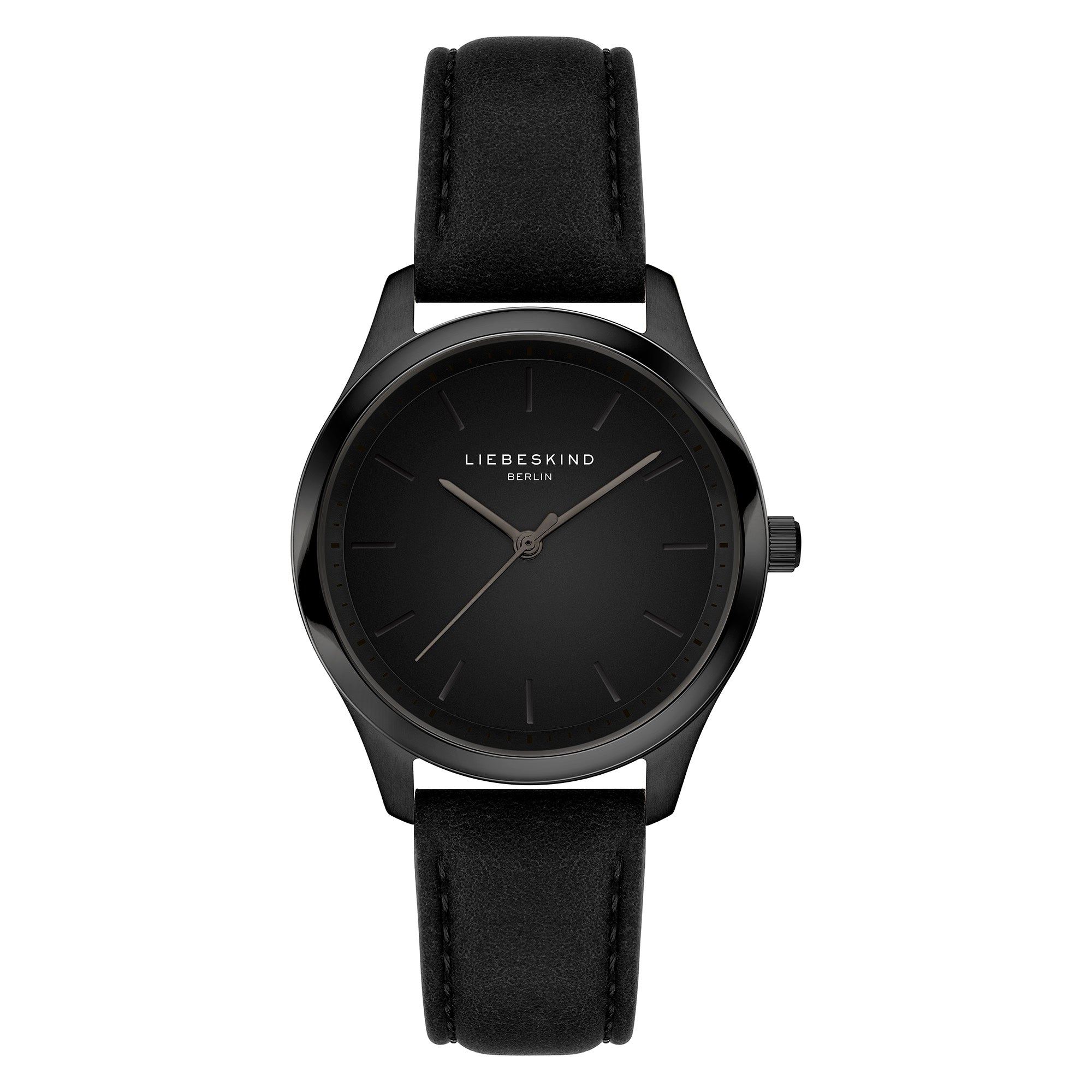 Die LIEBESKIND BERLIN Armbanduhr - Round Staple Leather verfügt über ein schwarzes Lederarmband und ein minimalistisches Zifferblatt, das modernes Design mit müheloser Eleganz von Liebeskind Berlin verbindet.