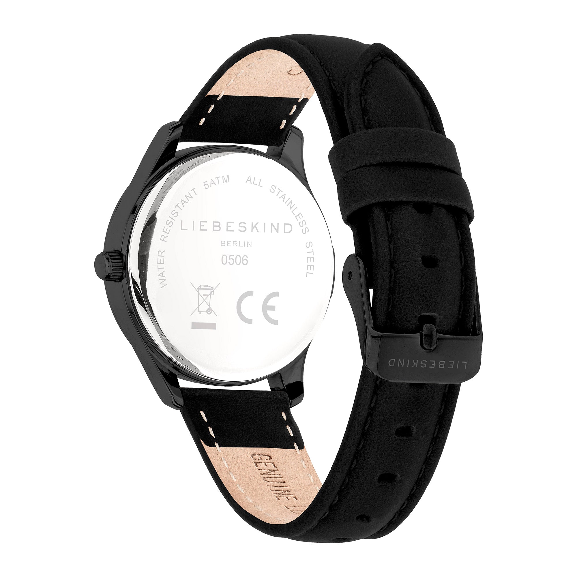 Rückansicht der Liebeskind Berlin Armbanduhr - Round Staple Leather, mit Lederarmband, Edelstahlgehäuse und modernem Design von Liebeskind Berlin.